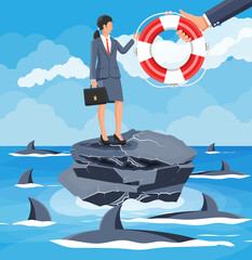 Businesswoman on tiny island in sea surrounded by sharks getting lifebuoy. Helping business to survive. Help, support, survival, investment, obstacle crisis. Risk management. Flat vector illustration