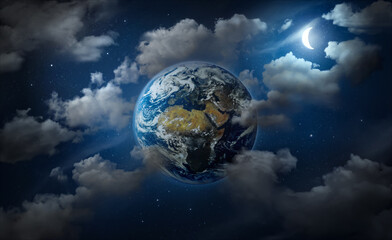 Planet Earth surrounded by clouds, the moon and stars in the night sky. Fantasy  collage on travel, geography, space, science and education topics. Elements of this image furnished by NASA.