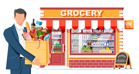Grocery store and man customer. Wooden and brick facade. Glass showcase of boutique. Small european style shop exterior. Commercial, property, market or supermarket. Flat vector illustration
