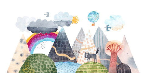 Mountain landscape, hills, trail, lonely wolf, lake, balloon and clouds. Watercolor illustration. Children's poster.