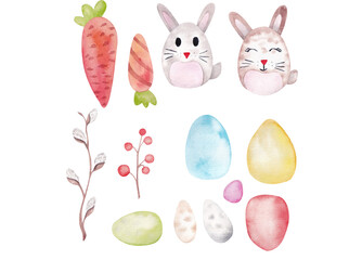 watercolor Easter set of rabbits, colorful eggs, willow twigs with cats. Easter symbols can be used on postcards, banners, fabrics, wallpapers, children's books