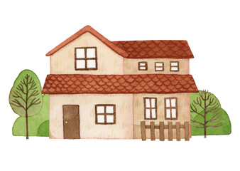 illustration of a house in the forest. Hand painted watercolor.