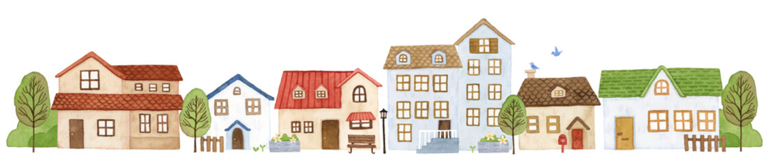 Illustration of a small town. Hand painted watercolor.