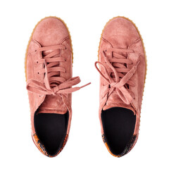 Light red suede sneakers white background isolated close up top view, stylish pink chamois gumshoes, pair of beige leather shoes, two casual boots, fashion slippers, walking footwear, urban footgear