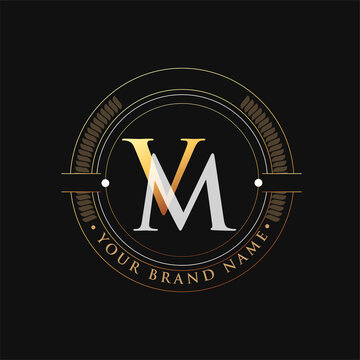initial letter logo VM gold and white color, with stamp and circle object, Vector logo design template elements for your business or company identity.