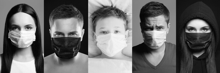 Pandemic Collage. People in Masks. Girl, Man and Child
