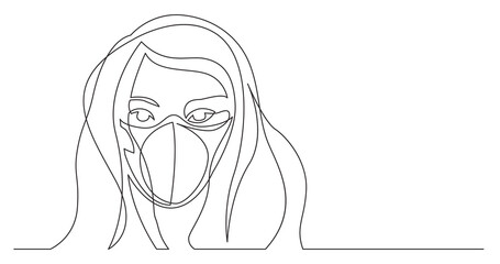 continuous line drawing of long hairstyle woman portrait wearing face mask