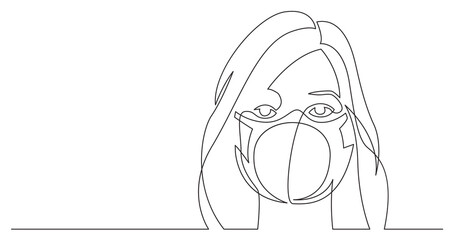 continuous line drawing of lovely woman wearing face mask portrait