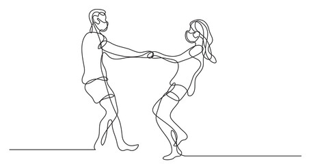 continuous line drawing of loving couple wearing face masks having fun