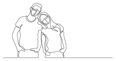loving couple wearing face masks standing - continuous line drawing