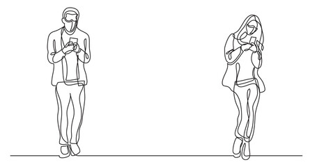 continuous line drawing of man and woman wearing face masks using their mobile phones