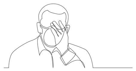 continuous line drawing of man in deep depression wearing face mask
