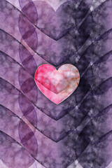 The background is dark purple of transparent hearts, in the center is a bright pink heart.