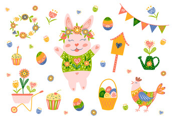 Happy easter. Set of bunny, chicken, colored eggs, flowers, watering can, birdhouse, garden wheelbarrow. Hello spring. Vector illustration. Flat design with ornate pattern.