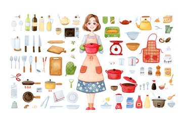 Big collection of kitchen tools. Salt and pepper, pots, aprons, mittens, plates, various symbols. Hand painted watercolor on white clip art graphic elements for printable decoration. Mother version. 