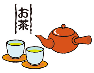 お茶の入った急須と湯のみのベクターイラスト