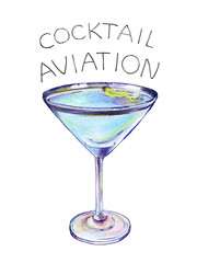 Welcome drink aperitif of Aviation. Smooth blue color cocktail back to the turn of the 20th century made from gin, lemon juice, maraschino, The Bitter Truth violet liqueur, served in a chilled glass