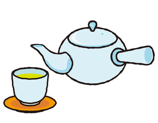 お茶の入った急須と湯のみのベクターイラスト