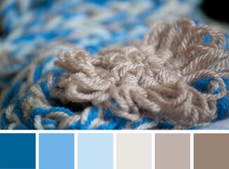 Color palette swatches of colorful yarn texture background, beige brown and blue strains. Pastel...