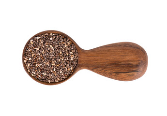 Chia seeds in wooden spoon, isolated on white background. Healthy superfood. Organic chia seeds. Top view.