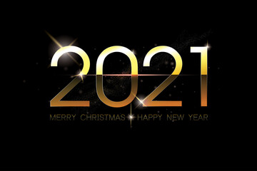 Happy new year 2021,Typographic golden number design with stardust and lighting glow effect on black space, for flyer banner print ads, calendar.