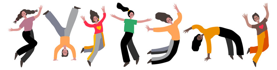 A large vector set of people in various poses. People jump up and your arms extended to the sides, are a bridge, stand on your head. People smile broadly.