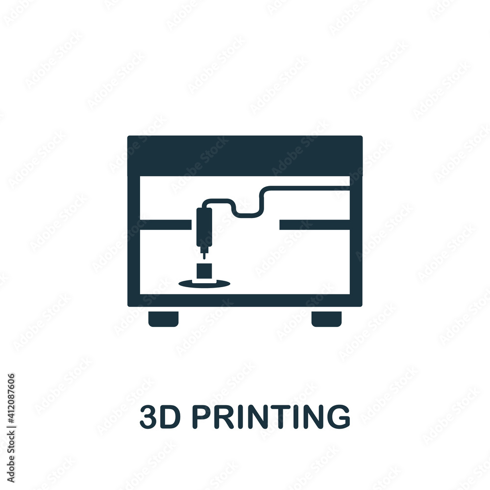 Poster 3d printing icon. simple element from technology collection. filled monochrome 3d printing icon for 