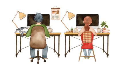 Men and women heading for a computer. Hand painted watercolor.