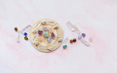 quartz minerals set on altar grid for relaxation and meditation. healing reiki chakra gemstones....