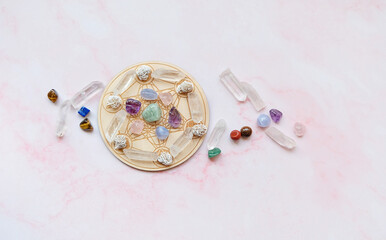 quartz minerals set on altar grid for relaxation and meditation. healing reiki chakra gemstones....