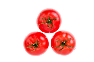 Wet red ripe tomatoes on white backgroun.