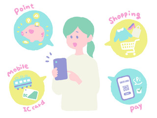 手描き　キャッシュレス　女性　スマホ