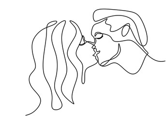 Continuous one line drawing of want to kiss each other. Young romantic couple falling in love and shows their emotions. Good for Valentine banner. Vector illustration minimalism style.