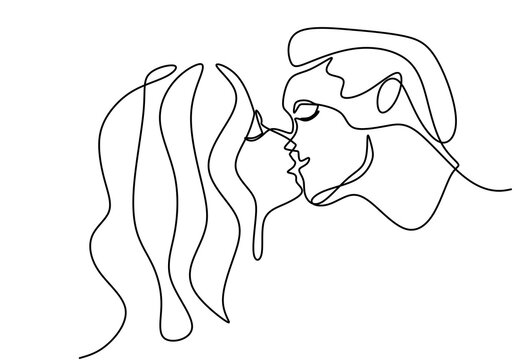 Continuous one line drawing of want to kiss each other. Young romantic couple falling in love and shows their emotions. Good for Valentine banner. Vector illustration minimalism style.