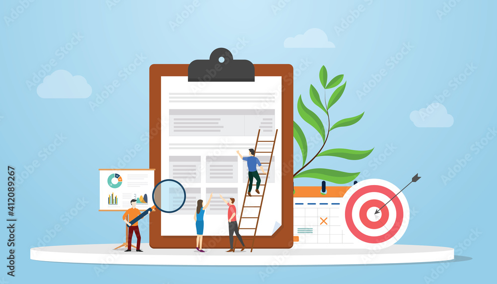 Poster business requirements analysis with team working on analyzing data list with modern flat style