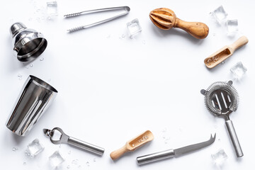 Flat lay of bar tools and utensils for cocktail