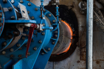 Jambyl Cement plant gas furnace (rotary clinker kiln) for cement  production. close-up. Mynaral, Kazakhstan.