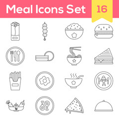 Black Line Art Illustration Of Meal Icon Set On White Background.