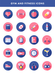 GYM And Fitness Icon Set On Pink And Blue Circle Shape Background.