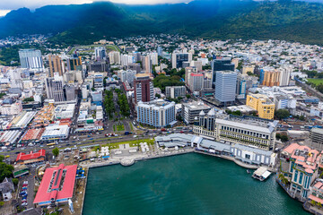 Aerial view, city view of Port Louis with harbor, old town and financial district, Mauritius