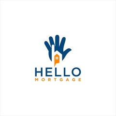 Hand Logo Design with Hello Mortgage Concept or Real Estate Vector Illustration