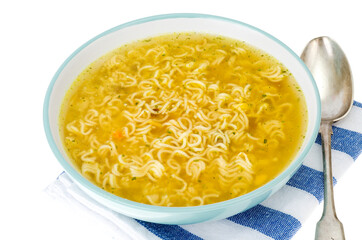 Broth with dry instant noodle. Photo Studio