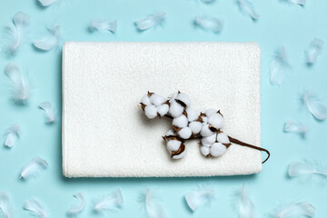 Top view of folded white towel with cotton branch on blue background with feathers.