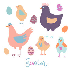 Vector illustration on the theme of Easter in pastel colors. Colored eggs decorated with grass and flowers with the inscription Easter. Poster, postcard, congratulations.