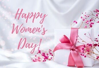 Happy womens day lettering greeting card. Gift box with pink ribbon dry pink flowers. Bright light...