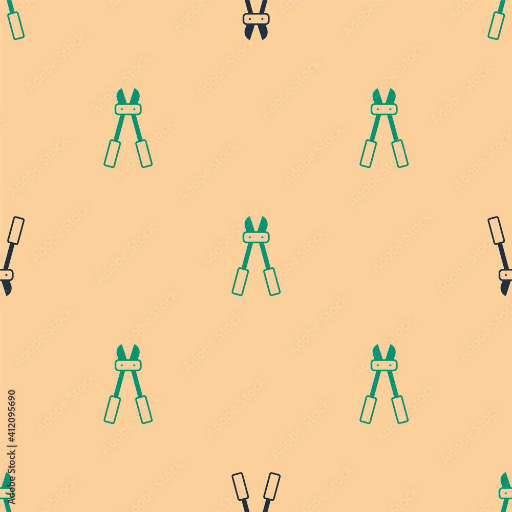 Poster green and black bolt cutter icon isolated seamless pattern on beige background. scissors for reinfor