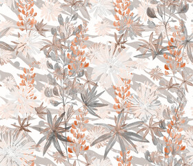 Seamless watercolor retro floral pastel pattern.Orange flowers on a gray, white background.