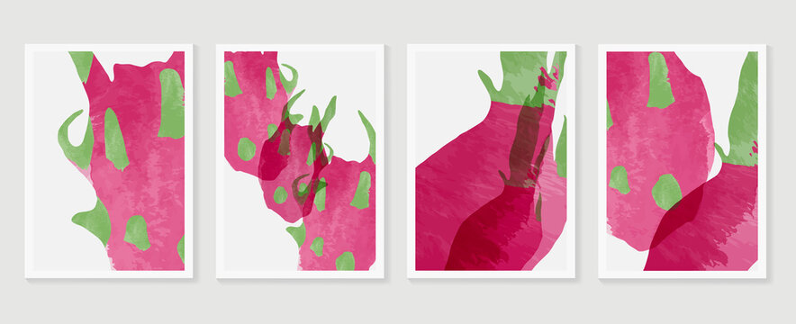 Dragon fruits wall art background vector.  Hand drawn boho plants, palm leaves and floral design for summer artistic cards, brochure covers, invitation, wallpaper, canvas prints and poster.