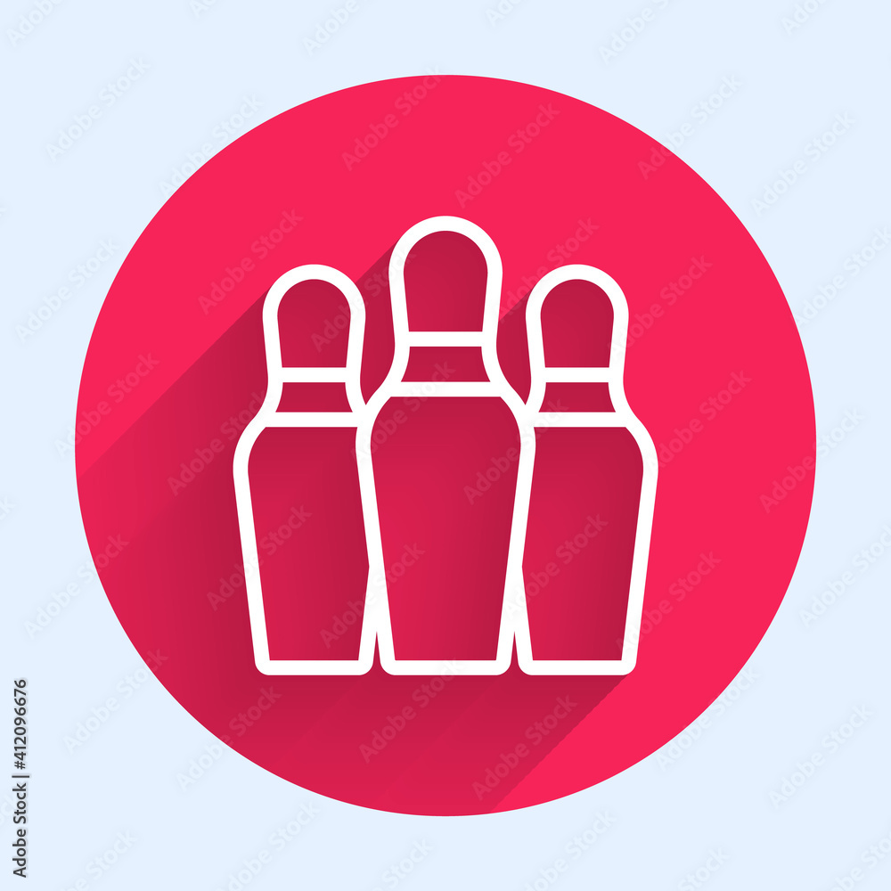 Poster white line bowling pin icon isolated with long shadow. red circle button. vector.