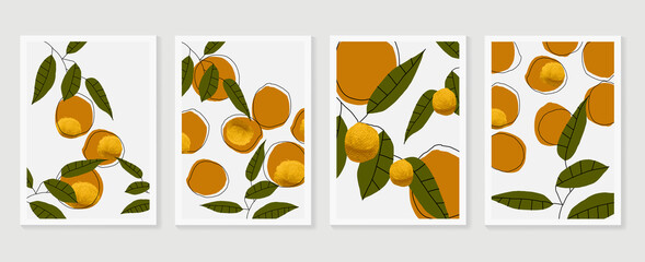 Orange wall art background vector.  Hand drawn boho plants, palm leaves and floral design for summer artistic cards, brochure covers, invitation, wallpaper, canvas prints and poster.